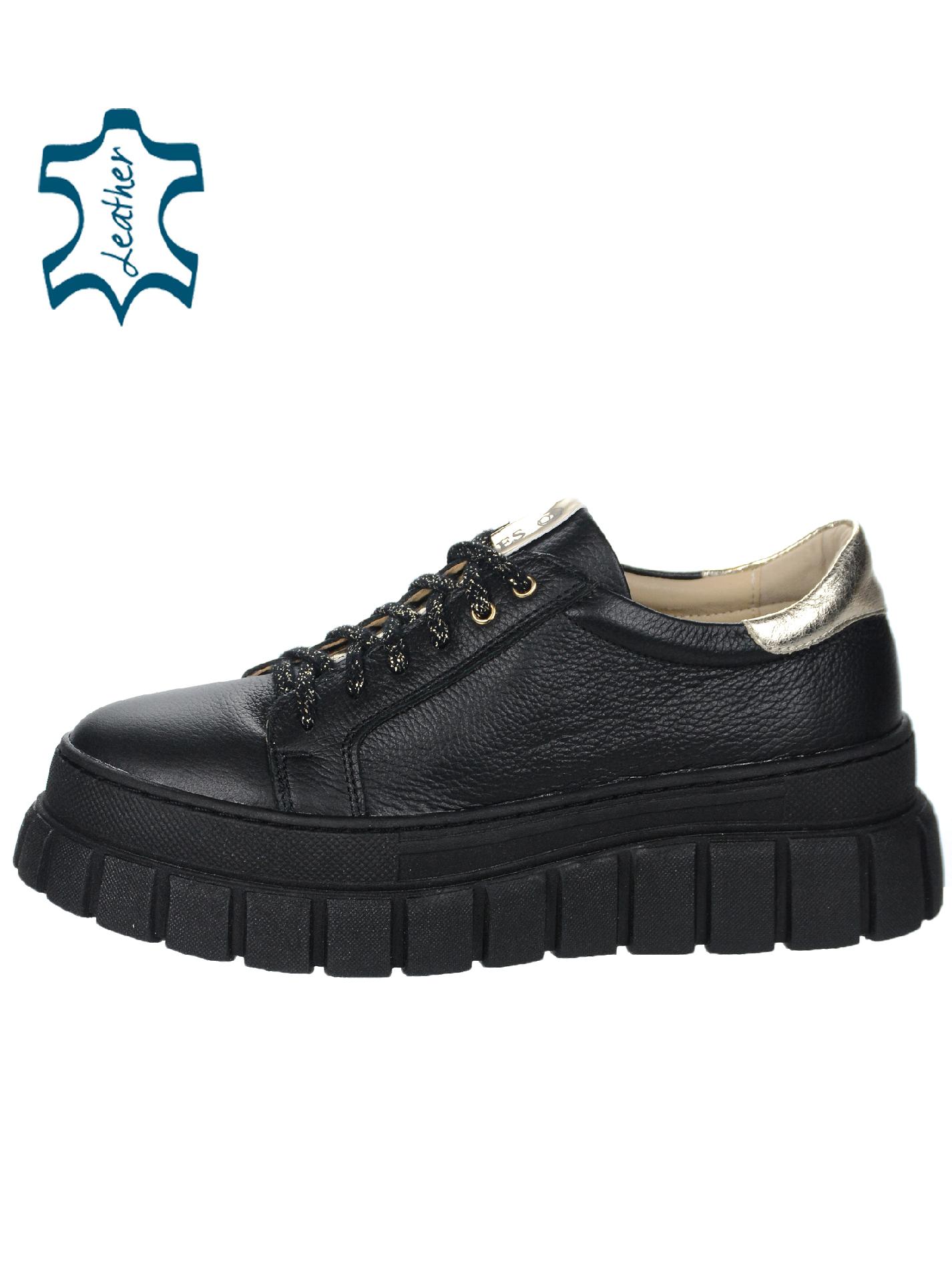 OLIVIA SHOES čierne kožené tenisky zdobené zlatým pásikom na podošve Zuma 