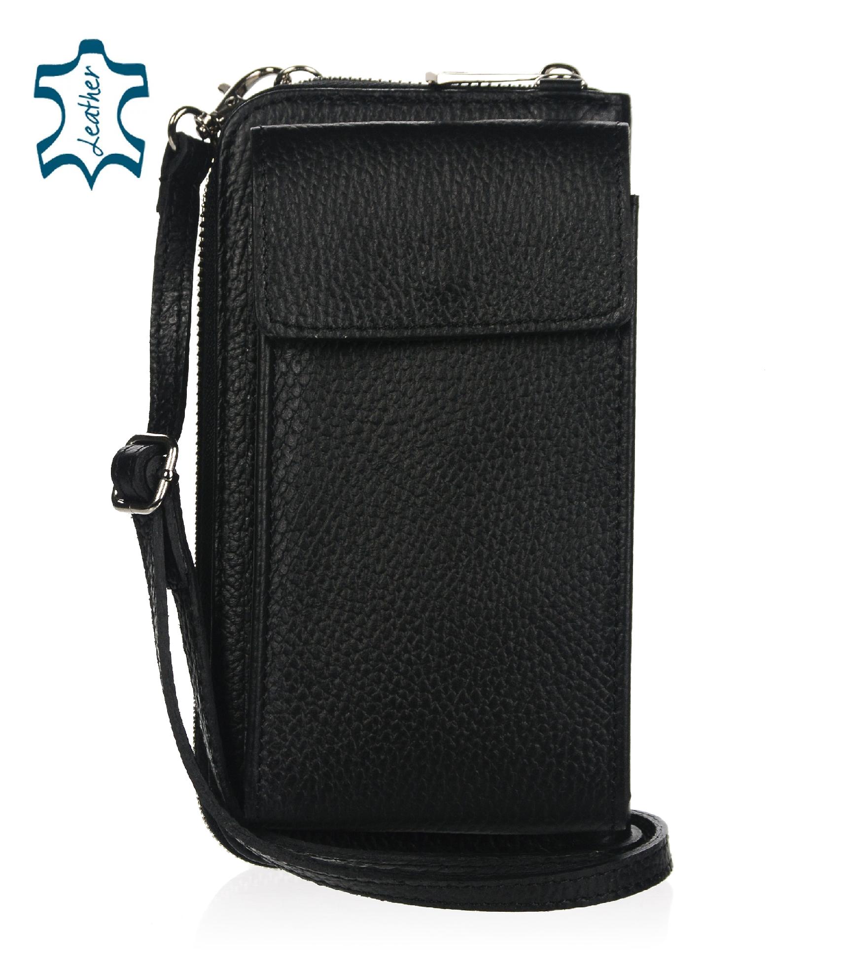 OLIVIA SHOES praktická čierna kožená crossbody peňaženka s vreckom MICHAELA