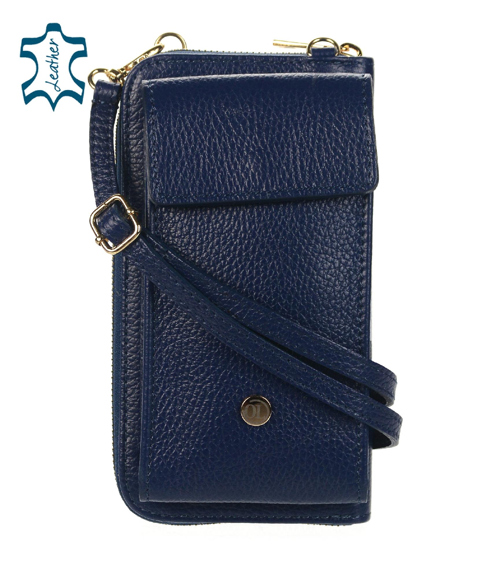 OLIVIA SHOES praktická kožená modrá crossbody peňaženka s vreckom Michaela, mod
