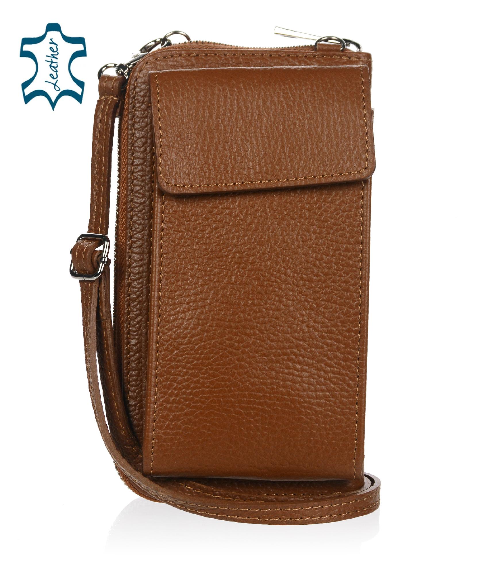 OLIVIA SHOES praktická hnedá kožená crossbody peňaženka s vreckom MICHAELA