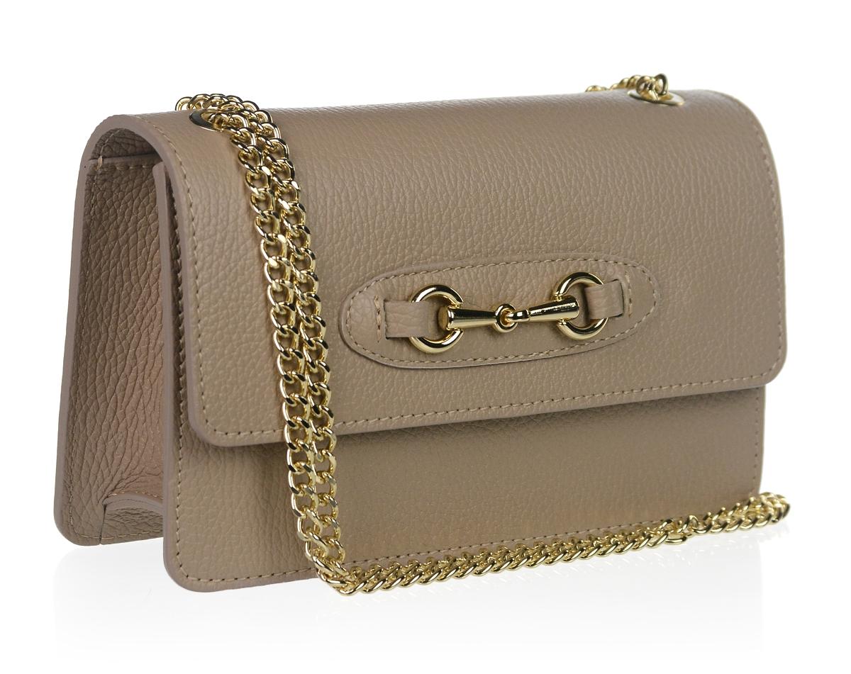 GROSSO kožená béžová crossbody kabelka s retiazkou a zlatou ozdobou Edita
