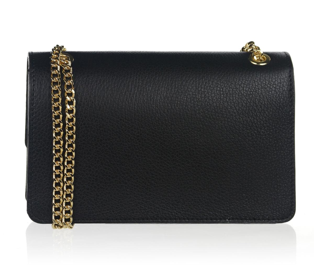 GROSSO kožená čierna crossbody kabelka s retiazkou a zlatou ozdobou Edita