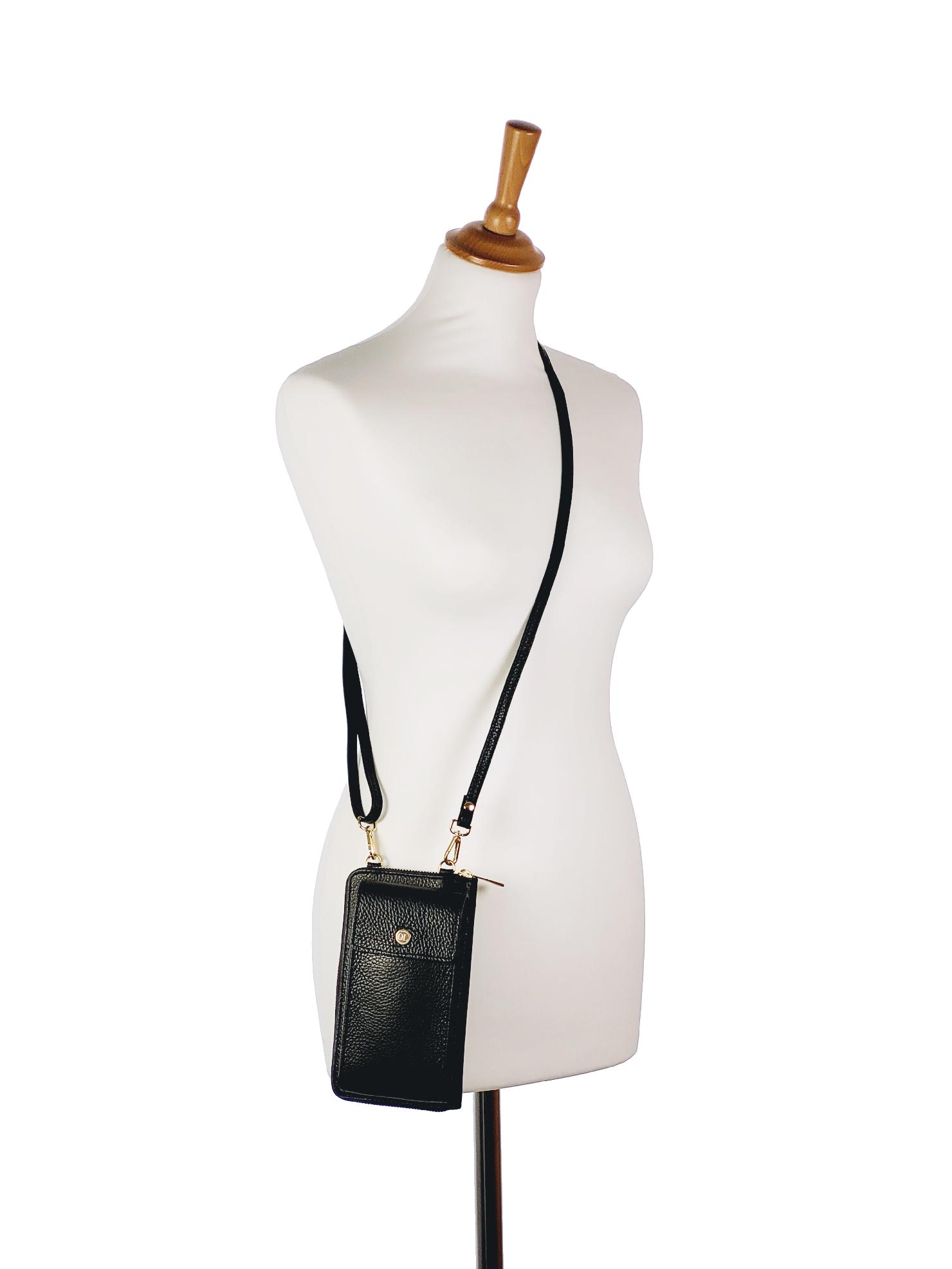 OLIVIA SHOES praktická čierna kožená crossbody peňaženka s vreckom MICHAELA