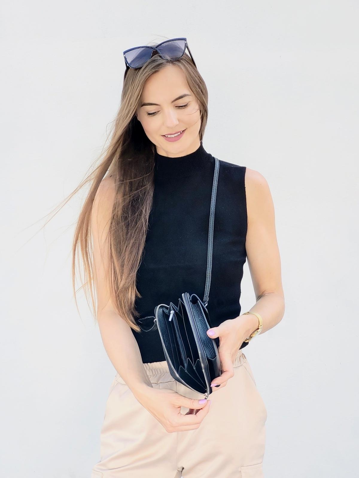 OLIVIA SHOES praktická čierna kožená crossbody peňaženka s vreckom MICHAELA