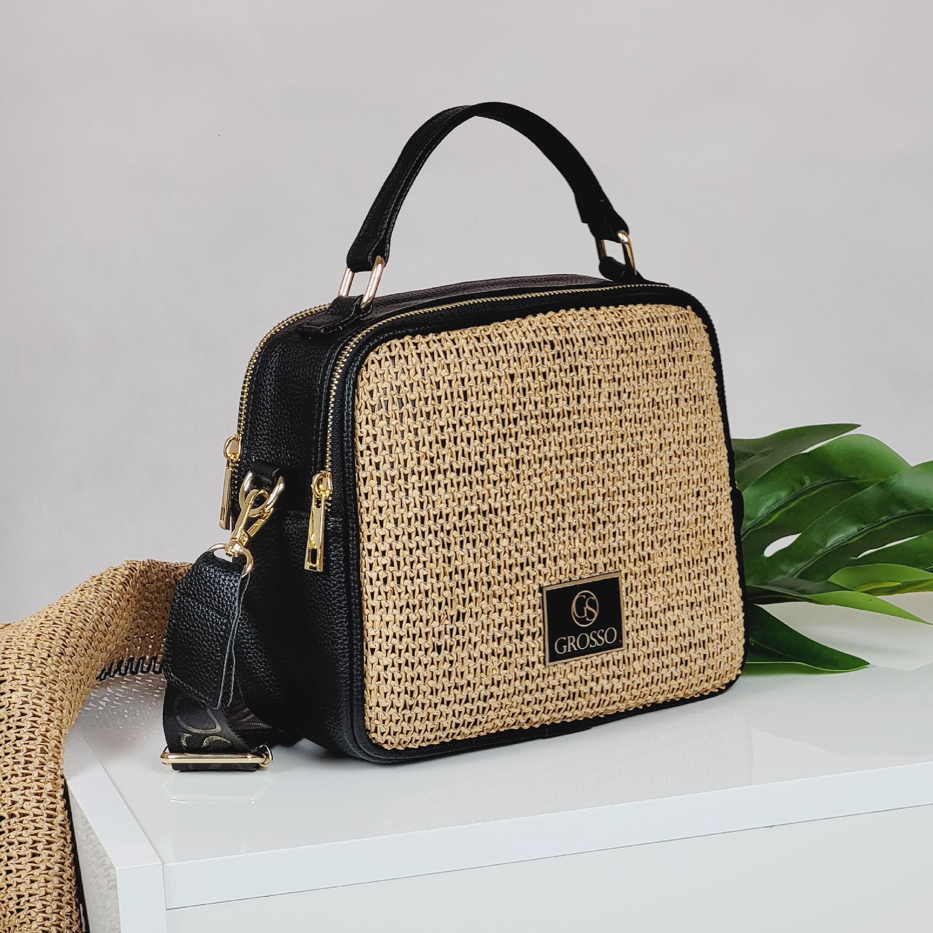 GROSSO čierno-slamená letná crossbody kabelka NICOL