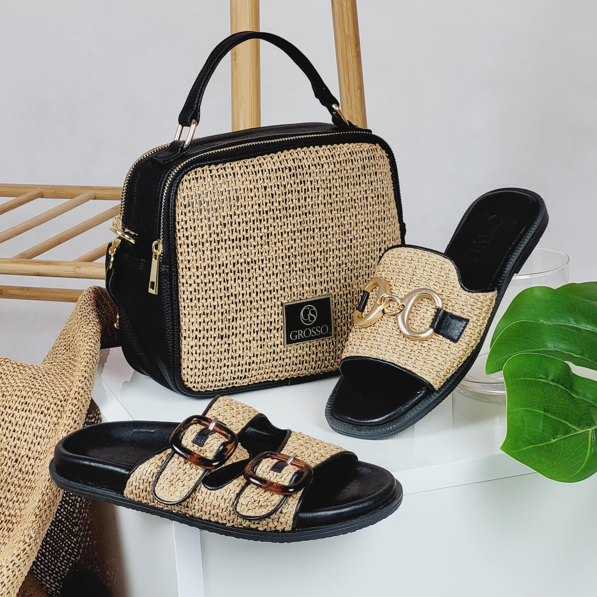 GROSSO čierno-slamená letná crossbody kabelka NICOL