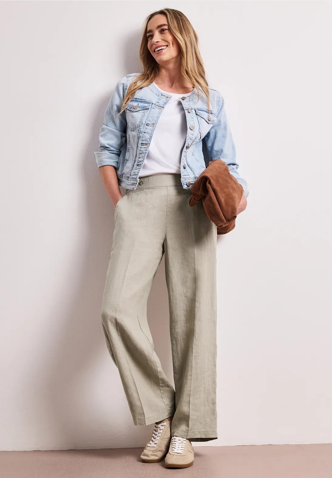 Street One ľanové nohavice s vysokým pásom a širokými nohavicami, bež