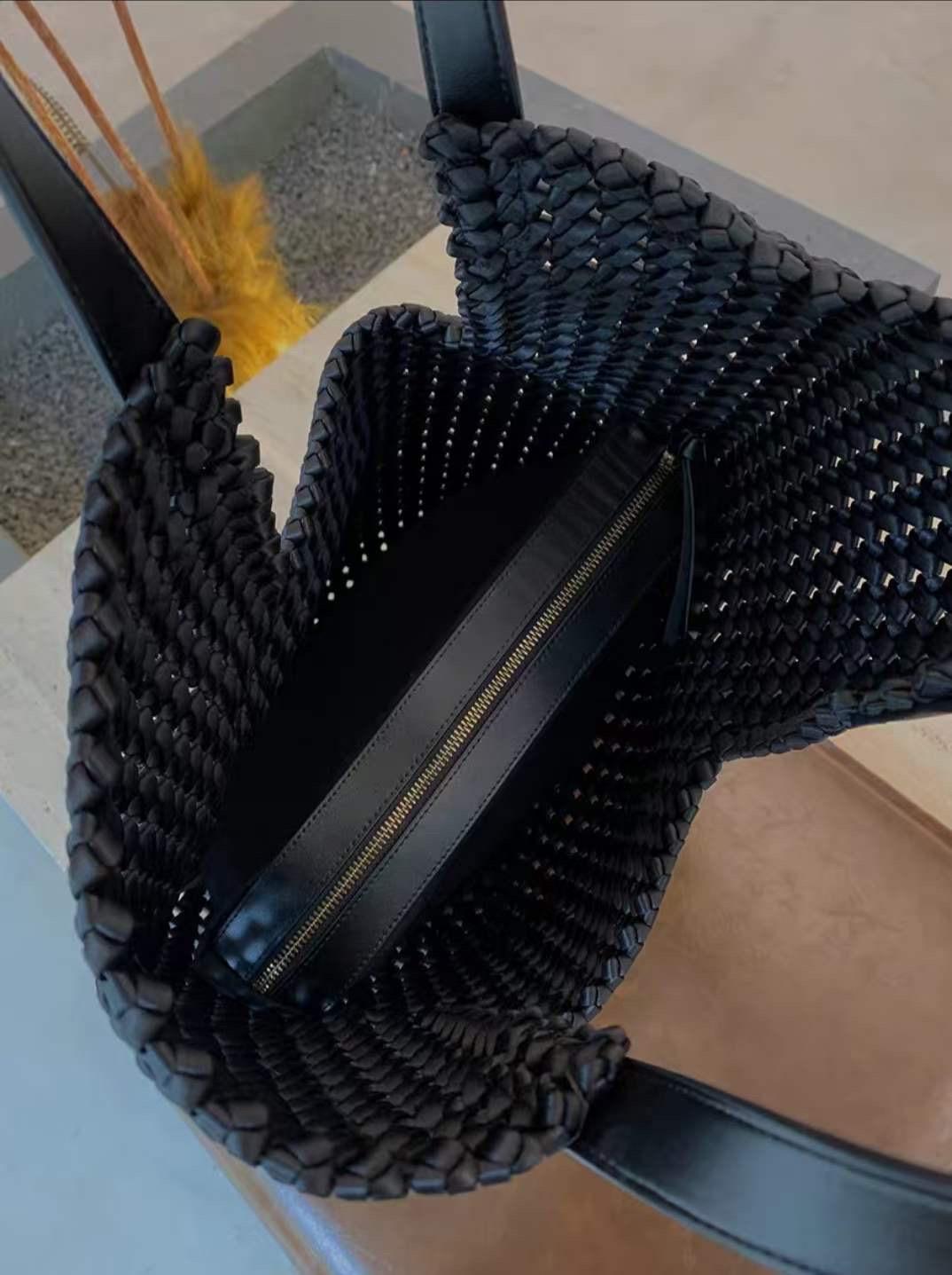 Kožená a nylová taška ručne tkaná, karamel