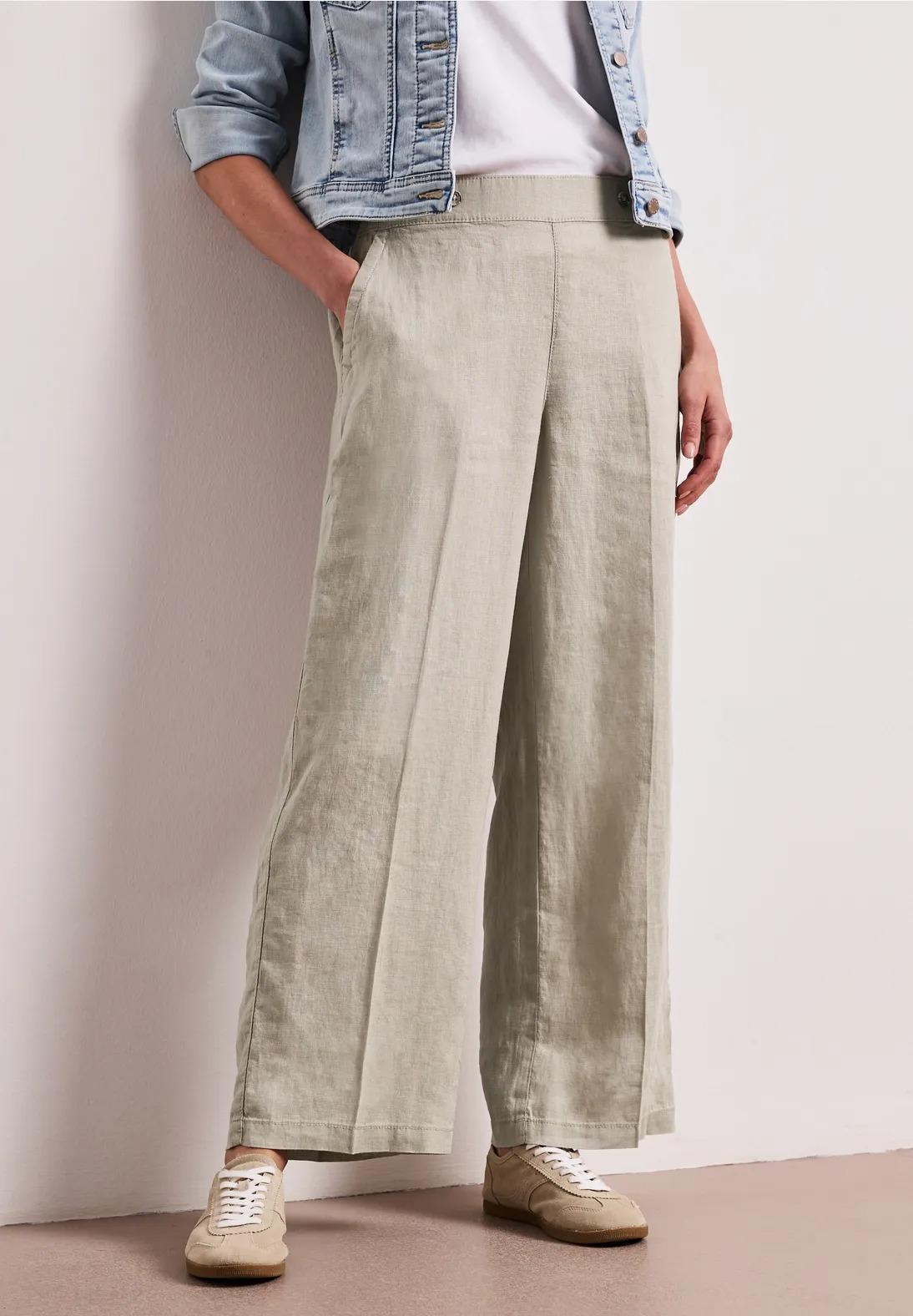 Street One ľanové nohavice s vysokým pásom a širokými nohavicami, bež