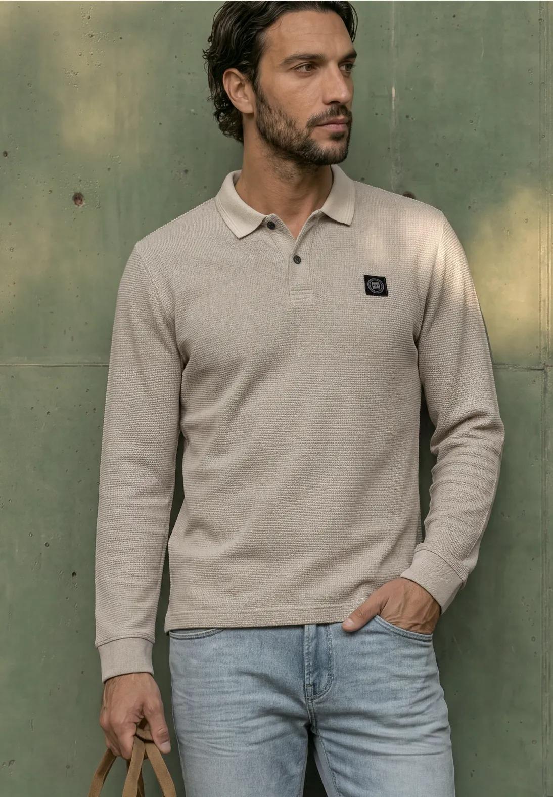Street One MEN polo tričko s dlhým rukávom s vaflovou textúrou