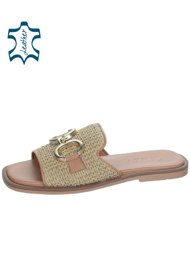 OLIVIA SHOES letné škoricové moderné šľapky s ozdobou