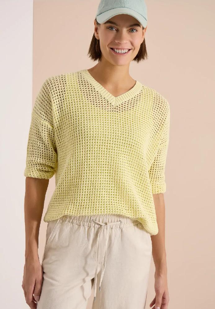CECIL sveter s krátkym rukávom a háčkovaným vzhľadom, žlt