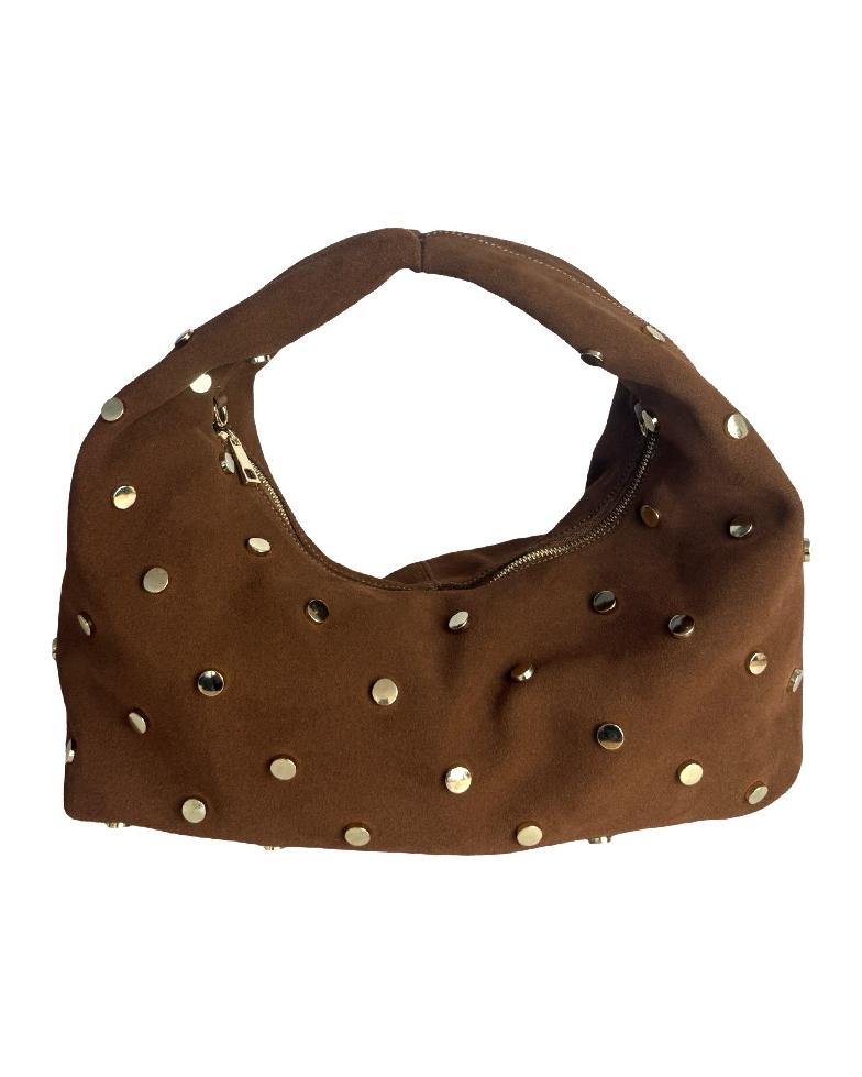 Kabelka s brúsenej kože so zlatým vybíjaním, karamel